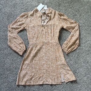 NWT Rue Stiic Free People Full Sleeve Brown Cream Printed Mini Dress Women’s XS